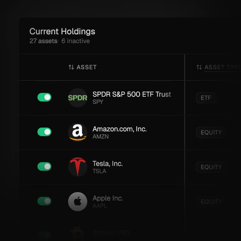Current holdings screen listing positions with toggles and asset types